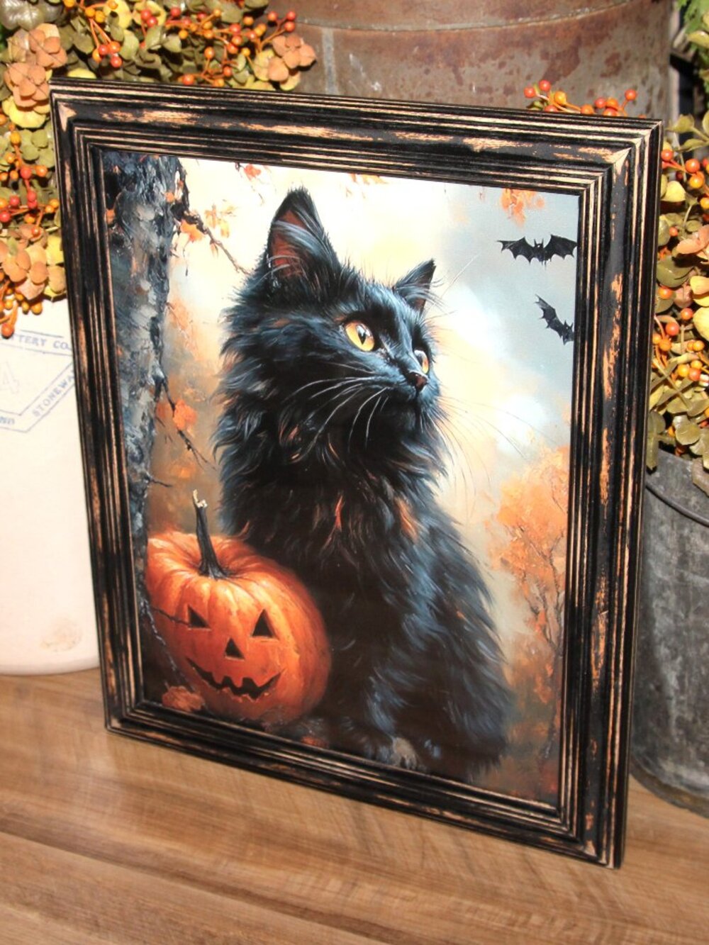 Dark Moody Black Cat & Jack-O-Lantern Farmhouse Halloween Wall Decor Picture